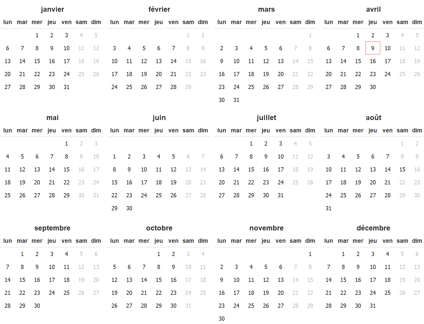 9. Zone calendrier annuel